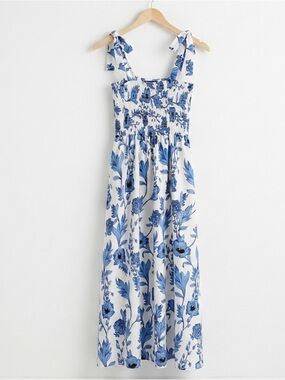 SHEIN Blue White Floral Smocked Maxi Dress Cottagecore Coastal XS